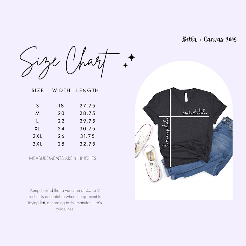 以下が含まれることがあります： ダークグレーのVネックTシャツとブルージーンズのBella Canvas 3005サイズチャート。Sから3XLまでのサイズと、インチ単位の幅と長さの測定値が記載されています。Tシャツ上の白い線は、幅と長さの測定箇所を示しています。