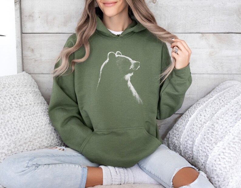 Bear Hoodie, Vintage Bear Sweatshirt, Trendy Bear Hoodie, Animal Lover Sweatshirt, Bear Gifts, Gift for Wildlife Lover, For Nature Lover Military Green