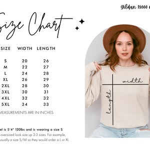 May include: A Gildan 18000 crewneck sweatshirt size chart displaying width and length measurements in inches for sizes S through 5XL. The graphic includes a visual guide on a beige sweatshirt showing how to measure width and length.