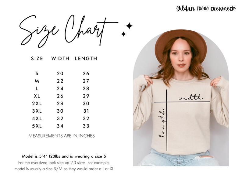 May include: A Gildan 18000 crewneck sweatshirt size chart displaying width and length measurements in inches for sizes S through 5XL. The graphic includes a visual guide on a beige sweatshirt showing how to measure width and length.
