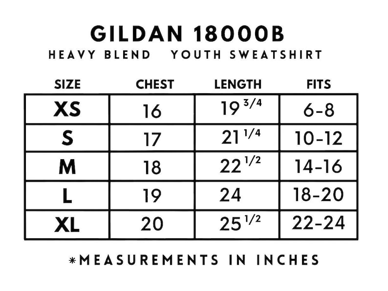 May include: A black and white size chart for a Gildan 18000B heavy blend youth sweatshirt. The table lists sizes XS through XL with corresponding chest and length measurements in inches, alongside fit ranges for ages 6 through 24.