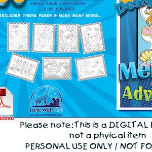 Mermaid Coloring Book Pages for Girls - Kids Coloring Pages, Easy to Color, 50 Digital Pages (Printable, PDF Download) Mermaid Adventures