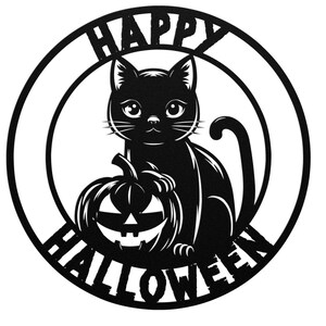 Puede incluir: Ilustración en blanco y negro de un gato negro con una calabaza tallada delante de él. El texto "Happy Halloween" está escrito en un círculo alrededor del gato y la calabaza.