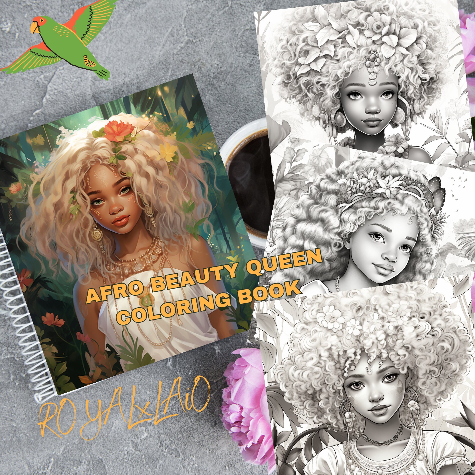 20+ Afro Queen Beauty Models | Digital Coloring Book| Black Girls Coloring Book | Grayscale PDF PNG Downloads | 4 BONUS Adult Queens