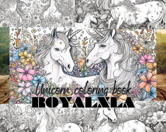 25+  Unicorn Coloring Pages | Digital Coloring Book | Grayscale PDF PNG Downloads | Kids Adults