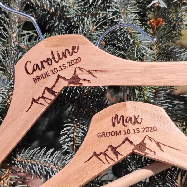 Mountain wedding personalized bridal hanger - Bride Groom Bridesmaid Groomsmen Mrs Ms hangers -Custom Wedding name hangers