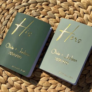 Wedding Vow Books set of 2 two, Personalized custom gold foil His and Her Vows, Sage green Vow Books
