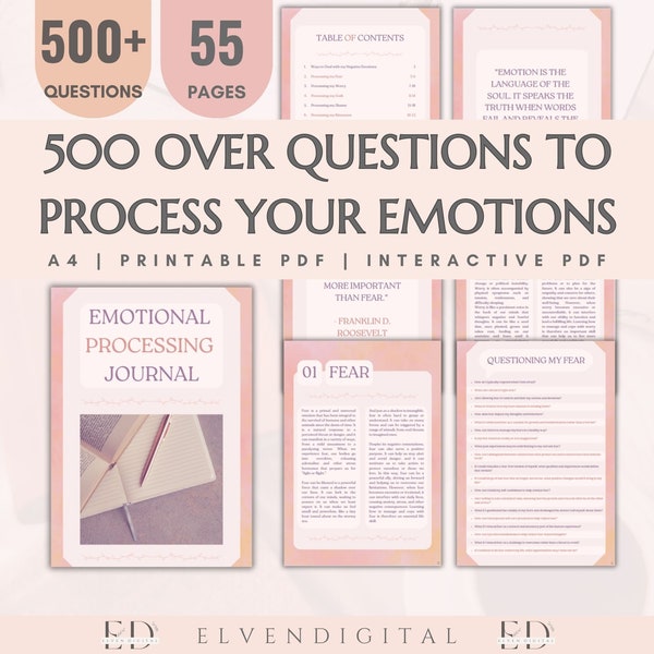 500 Thought provoking questions to help process your emotions, feelings journal, therapy pages, emotional worksheet, mental health tools