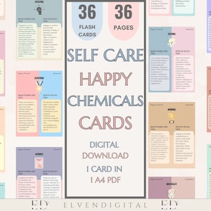 Baraja de cartas de cuidado personal Productos químicos felices Kits de felicidad imprimibles Paquete de cuidado del amor propio Artículos de cuidado personal Kit de cuidado personal Alivio del estrés Terapia CBT
