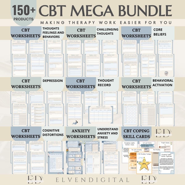 Cbt Therapy Bundle CBT Anxiety Prints Therapist Handouts CBT Therapy Worksheets Counseling Bundle CBT Coping Skill Cards Cognitive Worksheet