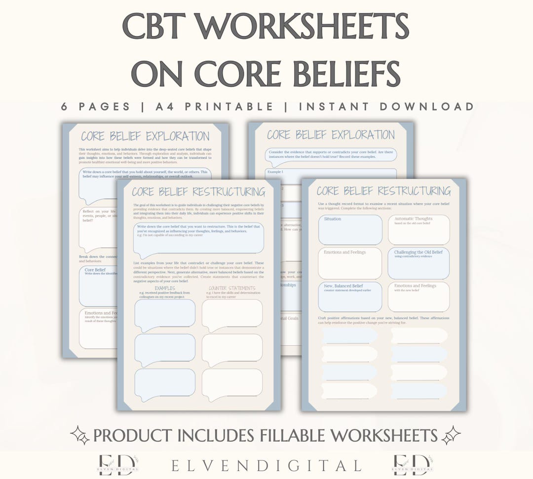CBT Worksheets Core Beliefs Counseling Handout CBT Workbook CBT Therapy ...