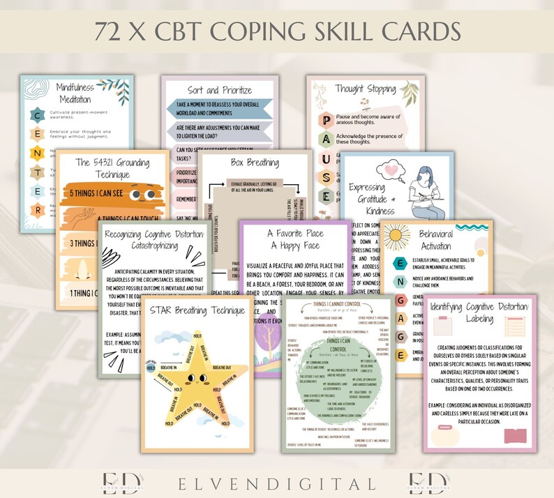CBT Coping Skill Cards Cbt Therapy Bundle Cognitive Distortion Poster ...