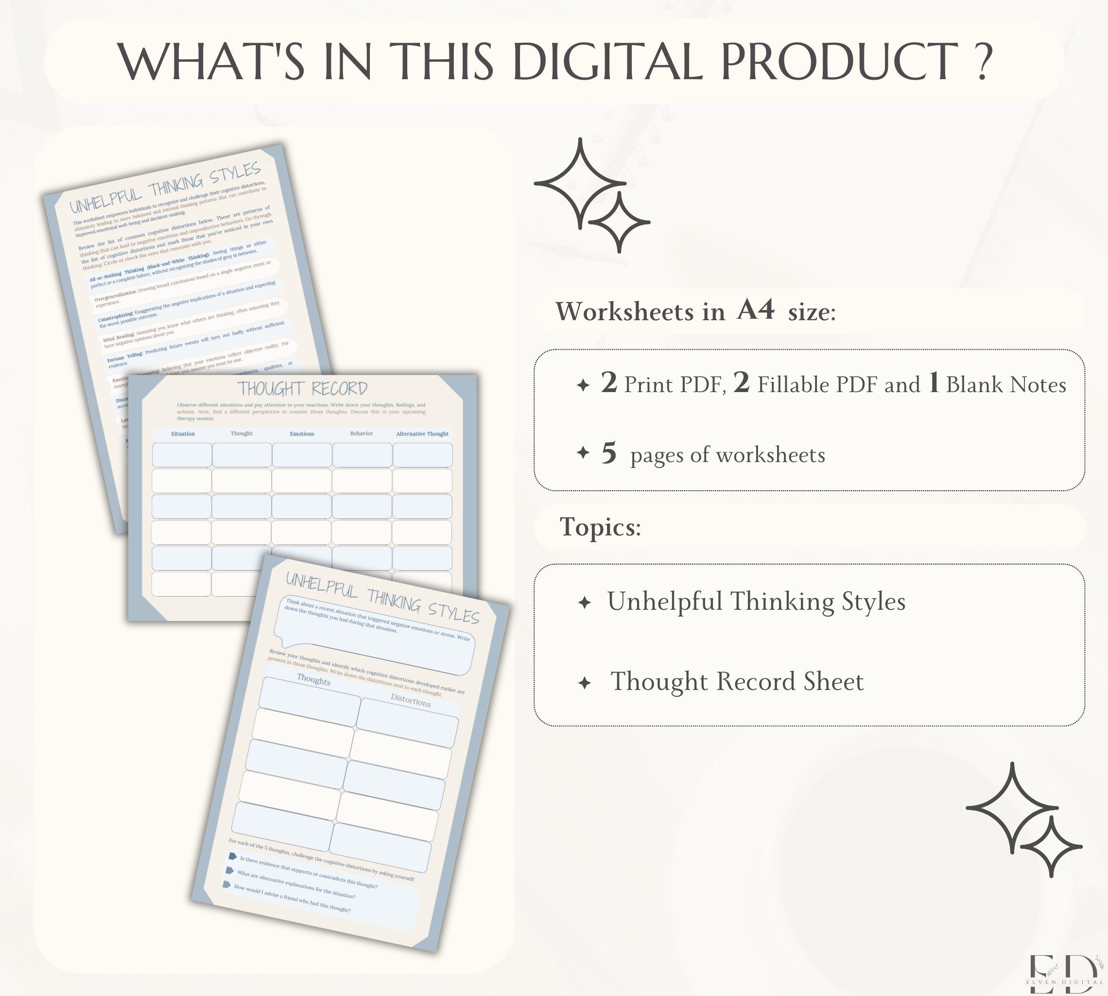 Thought Ruts Printable CBT Thought Record Worksheet CBT Unhelpful Thinking Styles Counseling ...