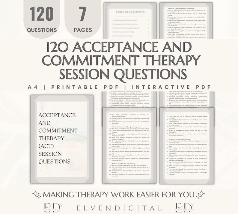 ACT Therapy Questions Therapy Practice Tools ACT Counseling Workbook ...