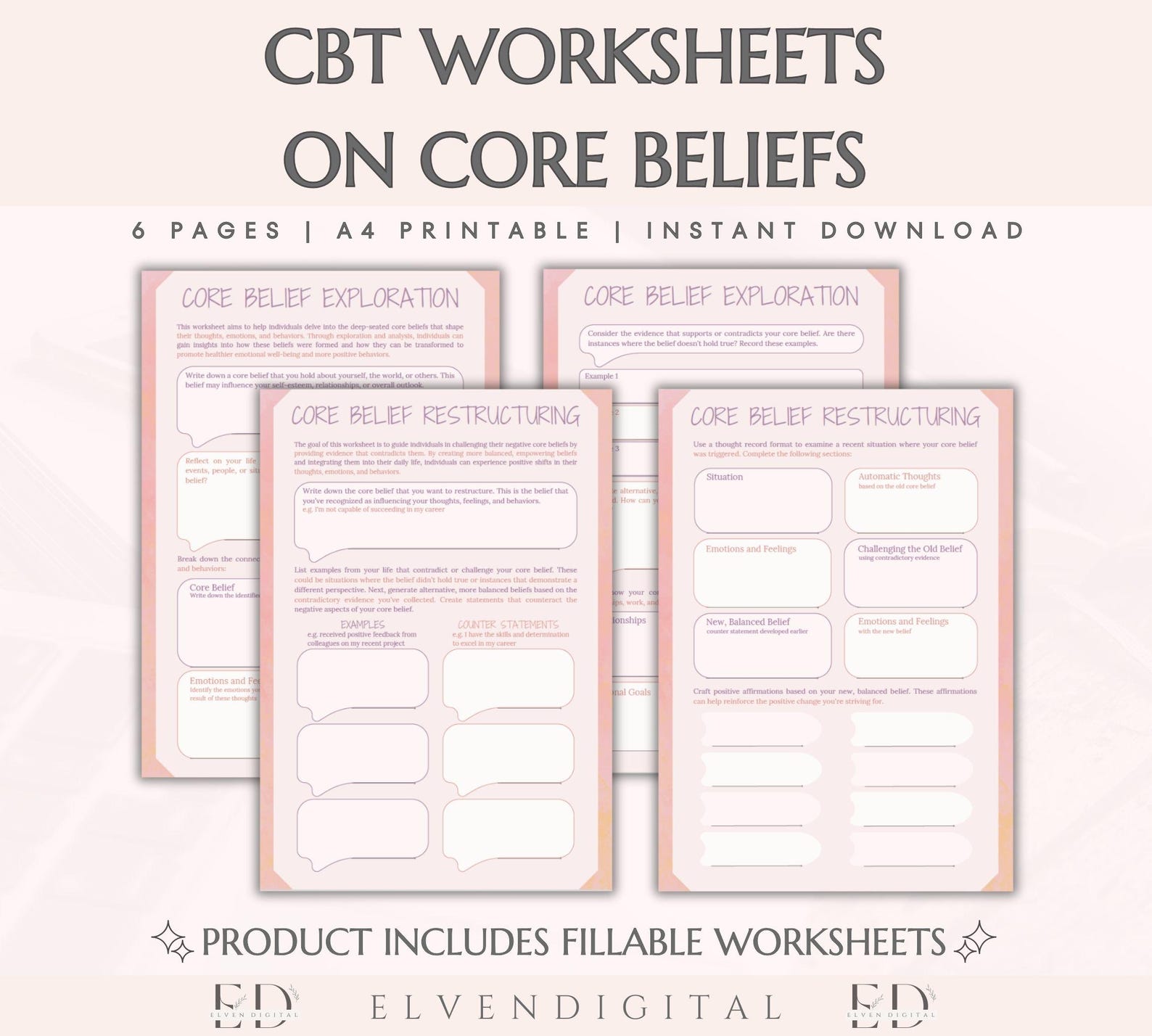 CBT Worksheets Core Beliefs Therapy Worksheet for Teens and Adults ...
