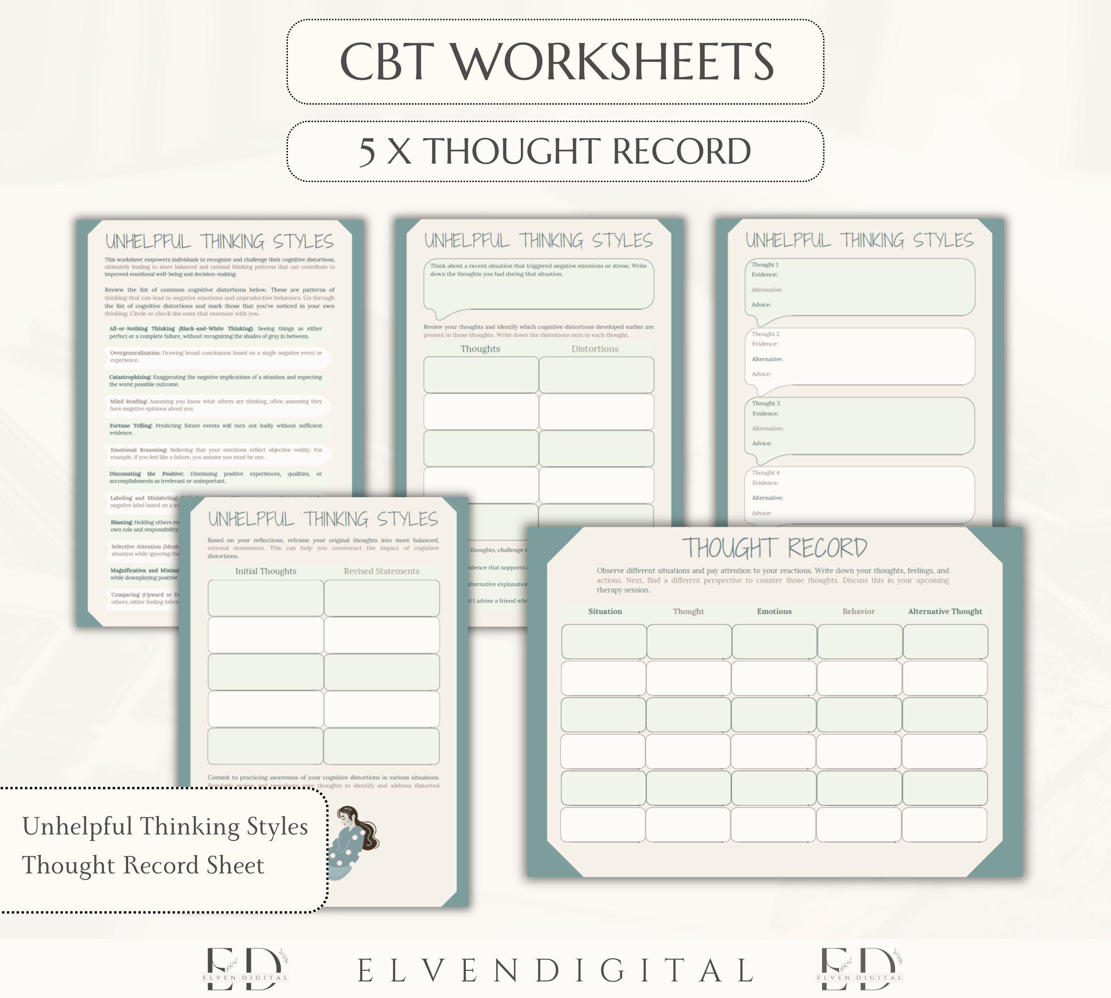 Cognitive Behavioral Therapy Workbook CBT Worksheets Bundle Cognitive ...