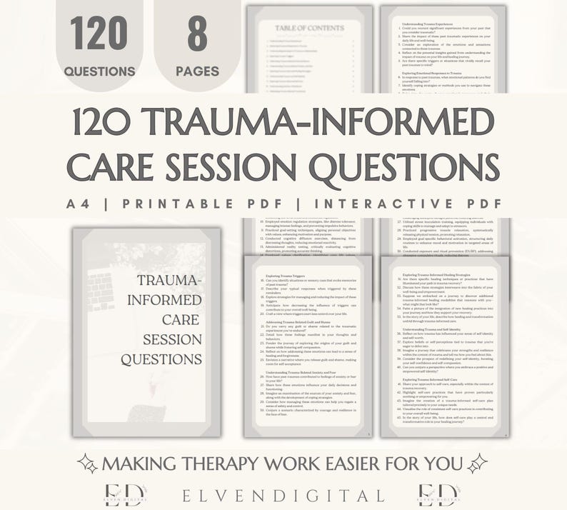 Preguntas de terapia informada sobre trauma: Asesoramiento para clientes, plantilla para terapeutas (PDF imprimible e interactivo, descarga digital) imagen 1