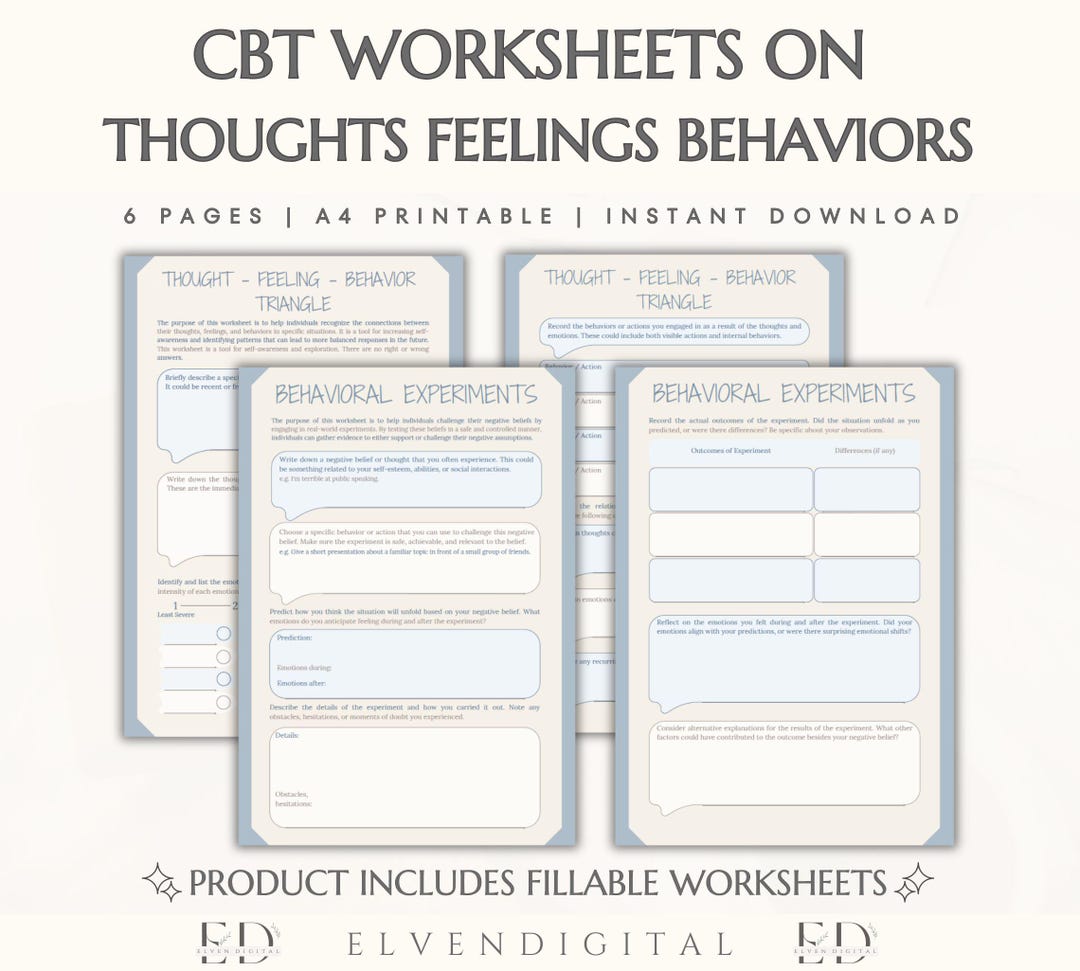 CBT Worksheets: Thoughts, Feelings, Behaviors - Printable, Fillable, A4 ...