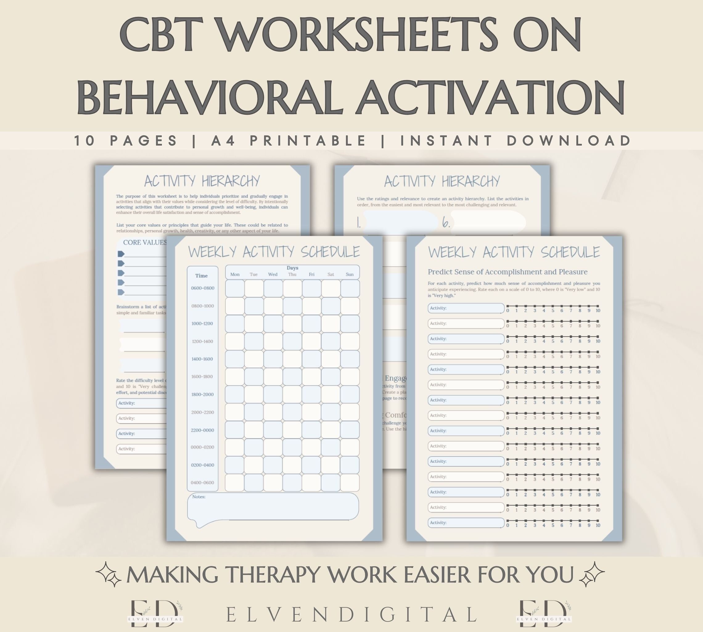 CBT Worksheets Behavioral Activation Counseling Handout Activity