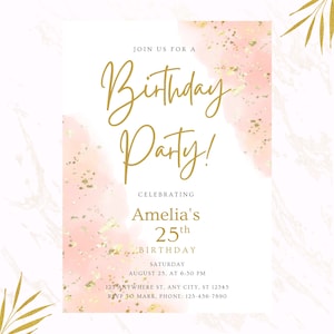 Editable Ladies Pink and Gold Trendy Birthday Party Invitation Instant Download