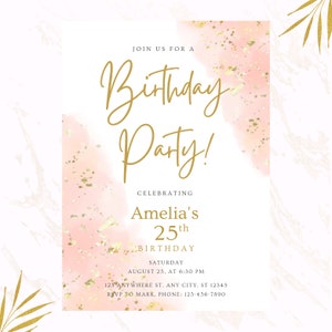 Editable Ladies Pink and Gold Trendy Birthday Party Invitation Instant Download