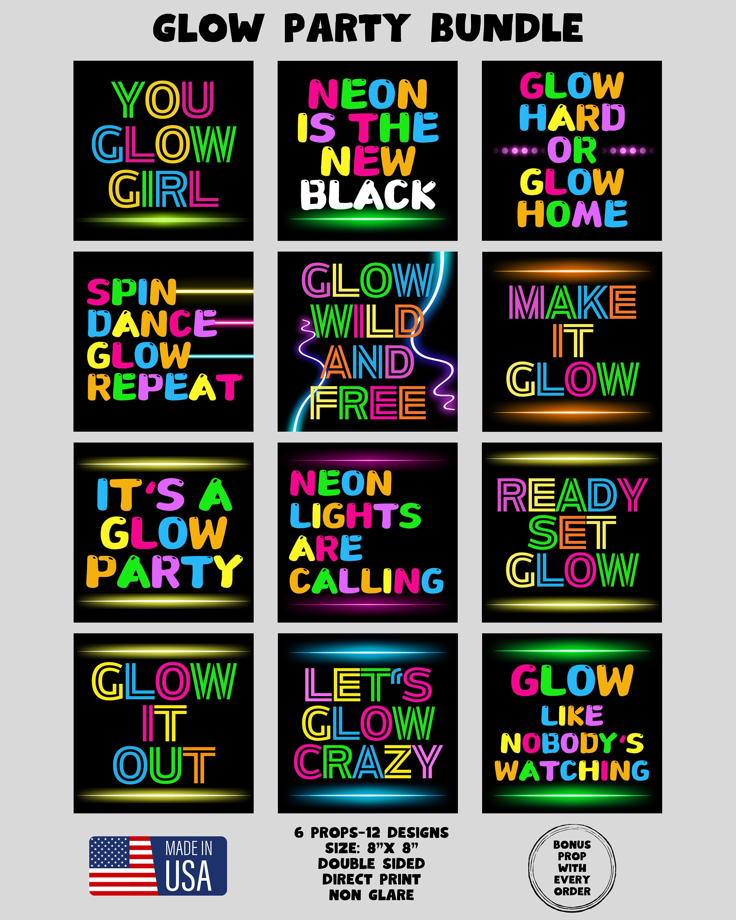 Glow Party Photo Booth Props, Neon Designs, Double Sided - Etsy