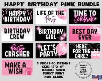 Happy Birthday Pink Photo Booth Props, Double Sided, Party Event