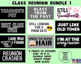 Class Reunion Photo Booth Props, Double Sided, 10 Designs