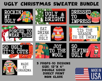 Ugly Christmas Sweater Photo Booth Props, Double Sided, 10 Designs
