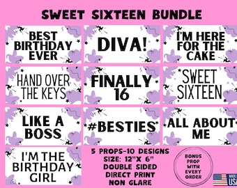 Sweet Sixteen Photo Booth Props, Double Sided Party Signs