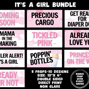 May include: Ten gender-neutral baby shower signs with pink and white backgrounds. The signs feature phrases like "Coming Soon", "Precious Cargo", "Tickled Pink", and "Princess on the Way". The signs are 12 inches by 6 inches and are double-sided.