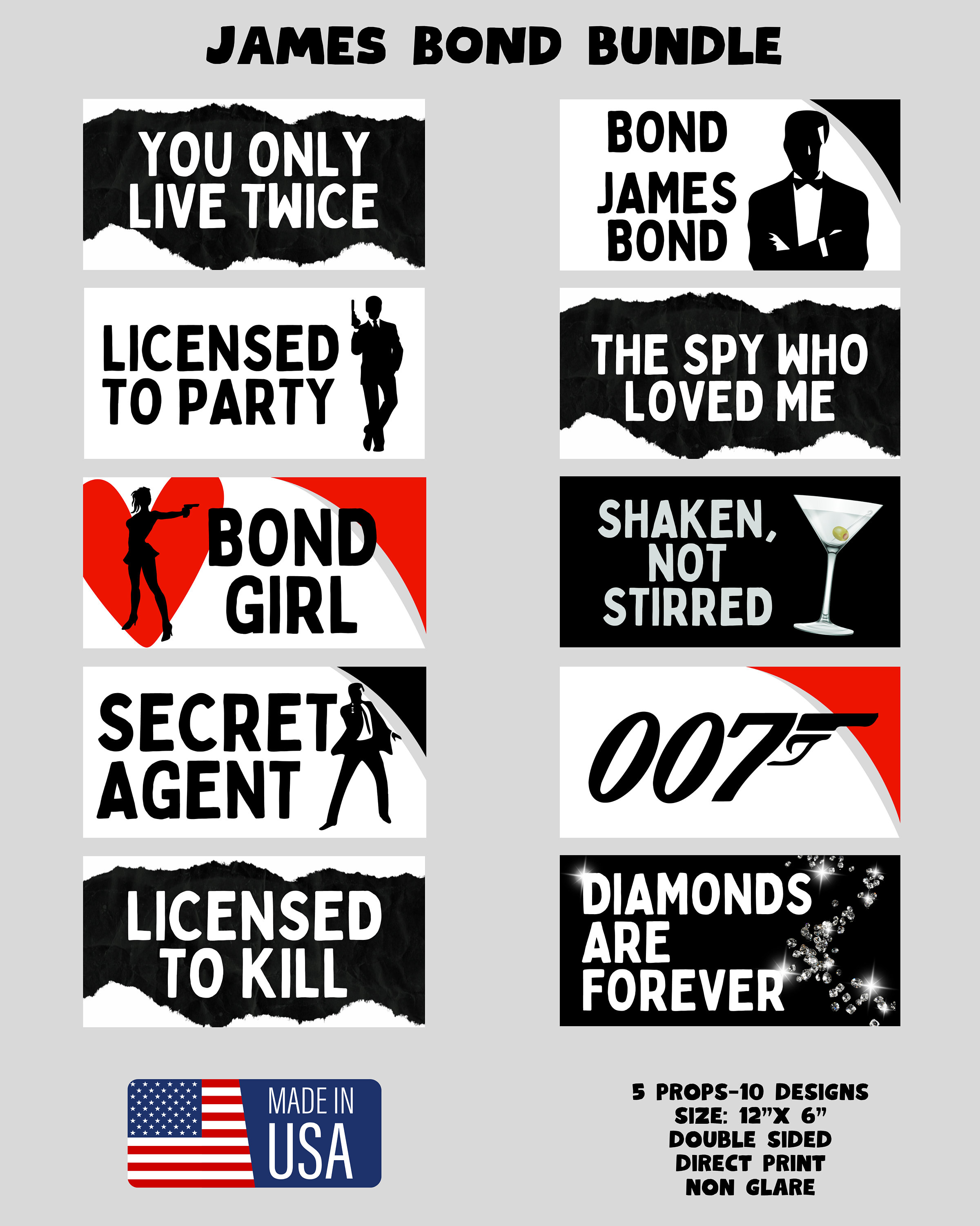 James Bond Bundle Photo booth props 360 photo booth props custom photobooth props props for weddings parties events