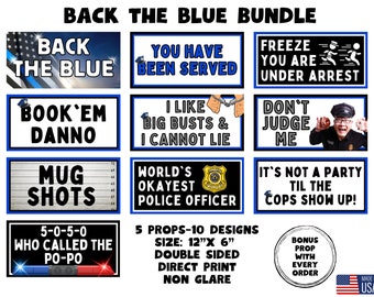 May include: A set of 10 double-sided, 12-inch by 6-inch, police-themed party props. The props feature funny sayings like "Back the Blue", "You Have Been Served", "Book 'Em Danno", "Mug Shots", "World's Okayest Police Officer", "Freeze You Are Under Arrest", "I Like Big Busts & I Cannot Lie", "Don't Judge Me", and "It's Not a Party Til the Cops Show Up!" The props are printed on non-glare material and come with a bonus prop.