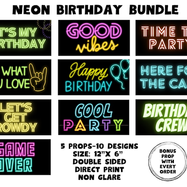 Neon Birthday Bundle, Photo booth props, 360 photo booth props, custom photobooth props, props for weddings, parties events