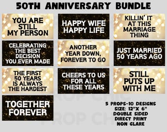 50th Anniversary Photo Booth Props, Double Sided, 10 Designs