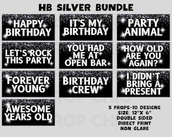 Happy Birthday Photo Booth Props, Silver Party Decor