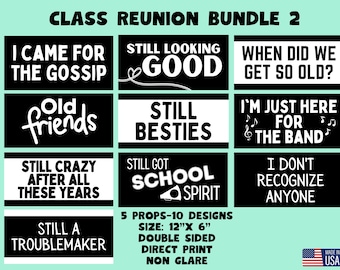Class Reunion Photo Booth Props, Double Sided, 10 Designs
