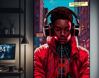 Spiderman Miles Morales ajustando na ilustração do fone de ouvido | Impressão artística IMPRIMÍVEL