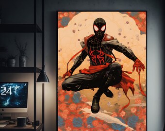 Miles Morales Spiderman em ilustração de estilo japonês Ukiyo-e | Impressão artística IMPRIMÍVEL