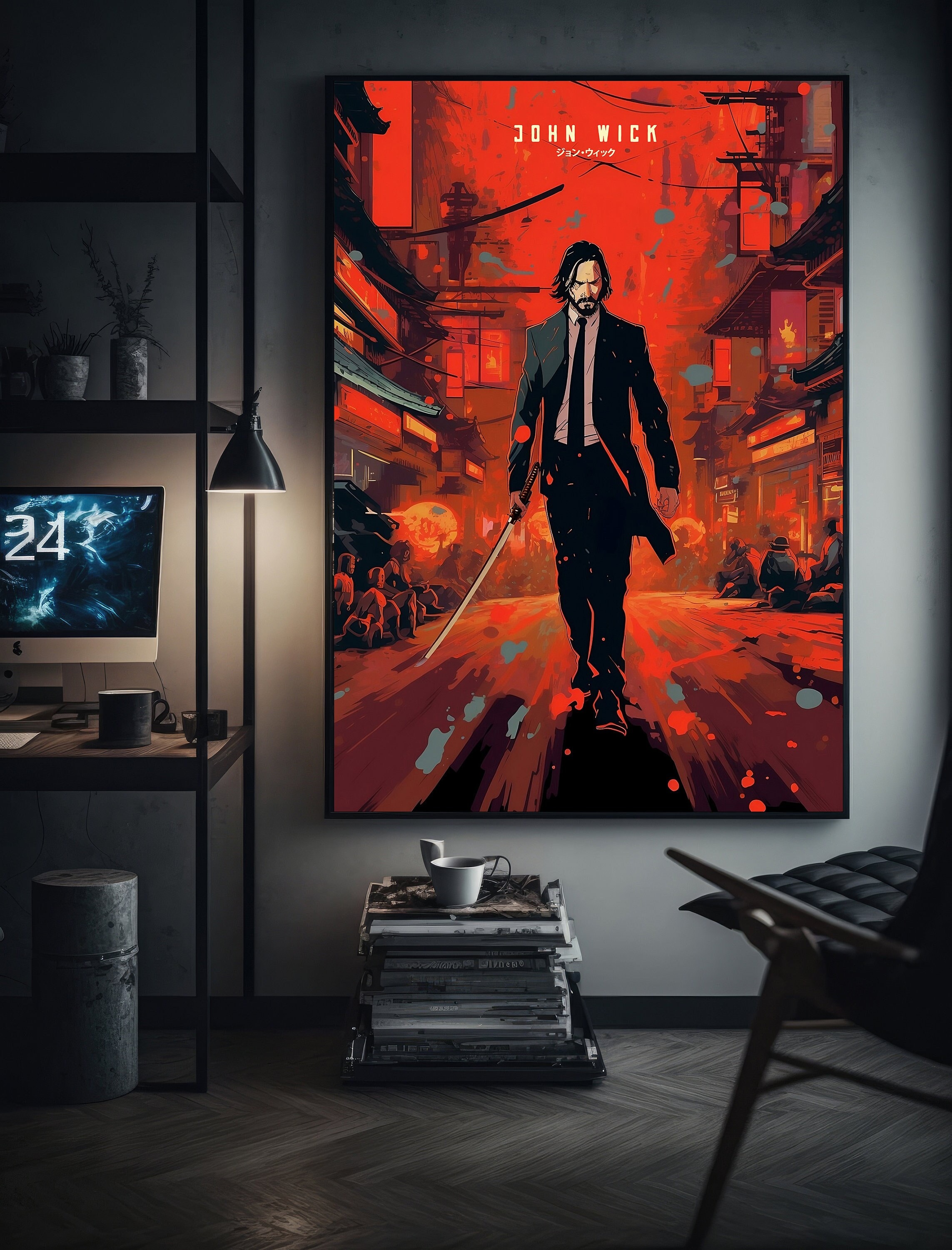 John Wick Katana Wield em ilustração de Tóquio | Impressão artística IMPRIMÍVEL