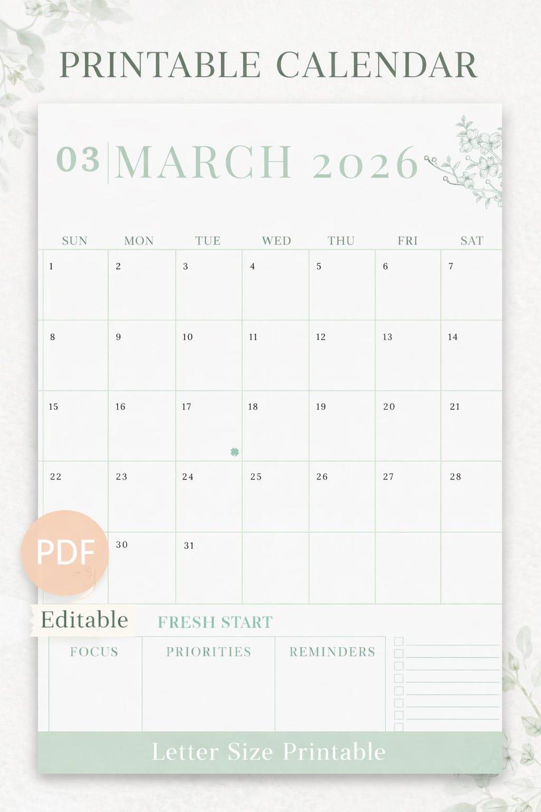 March 2026 Printable Calendar | Minimalist Botanical Monthly Planner ...