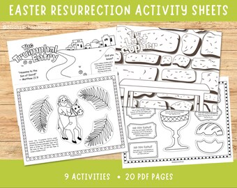May include: Black and white printable Easter activity sheets for kids. The sheets feature illustrations of the Triumphal Entry and the Last Supper. The sheets include cut-out and color activities. "Hosanna to the Son of David" - Matthew 21:9. "The Last Supper". 9 Activities. 20 PDF Pages.