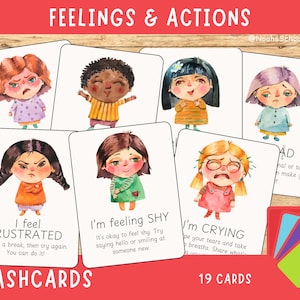 Cartes imprimables de sentiments et d'actions | Activité sur les émotions | Guirlande | Décoration de chambre d'enfant | Décoration de salle de classe | Montessori