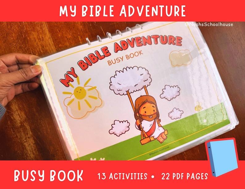 Może przedstawiać: Kolorowa, ilustrowana książka do aktywności zatytułowana "My Bible Adventure Busy Book" z 13 aktywnościami i 22 stronami PDF. Książka zawiera rysunkową ilustrację osoby na huśtawce w chmurze.