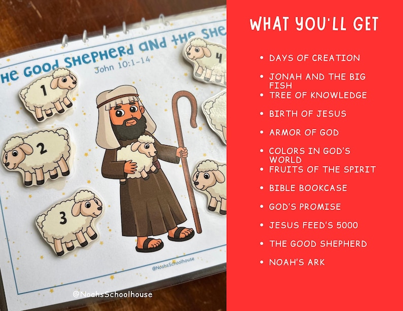 Może przedstawiać: Kolorowa, drukowana aktywność dla dzieci z pasterzem i owcami. Wydruk zawiera tekst "The Good Shepherd and the Sheep" i "John 10:1-14".