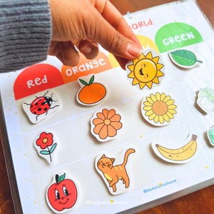 Może przedstawiać: Kolorowa tablica edukacyjna z r&oacute;żnymi kolorowymi sekcjami oznaczonymi jako "Czerwony", "Pomarańczowy", "Ż&oacute;łty" i "Zielony". Każda sekcja zawiera r&oacute;żne naklejki z obrazkami biedronki, kwiatu, pomarańczy, słońca, słonecznika, kota, jabłka, banana, rośliny i zielonego kształtu liścia.