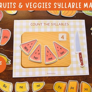 May include: An educational mat for children with fruit and vegetable illustrations. The mat includes a wooden cutting board with watermelon slices, a knife, and the text "COUNT THE SYLLABLES". Suitable for ages 3 and up.