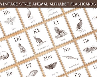 Printable Vintage Style Animal Alphabet Flashcards | PreK Homeschool | Toddler Activities | Montessori