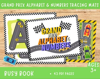 May include: A set of 43 printable tracing mats for kids featuring a Grand Prix theme. The mats include uppercase letters, numbers, and a race car design. The mats are designed for children ages 3 and up.