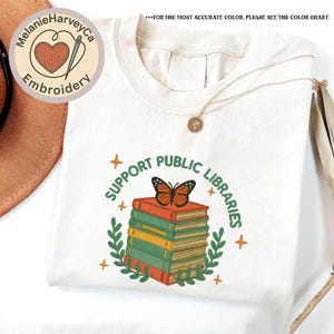 Camiseta bordada de apoyo a las bibliotecas públicas, camiseta para amantes de los libros, atuendo de ratón de biblioteca, camiseta de bibliotecario, camiseta de apoyo a la biblioteca local